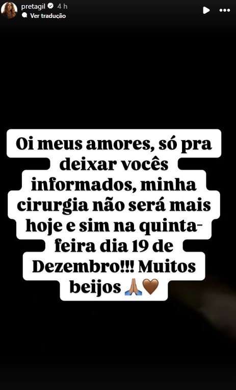 Cirurgia para retirada de tumores de Preta Gil é adiada para dia 19