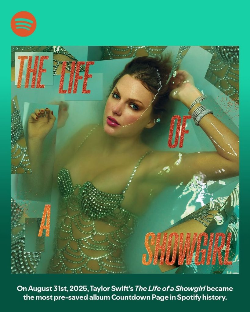 ‘The Life of a Showgirl’, de Taylor Swift, é o álbum com mais ‘pré-saves’ da história do Spotify